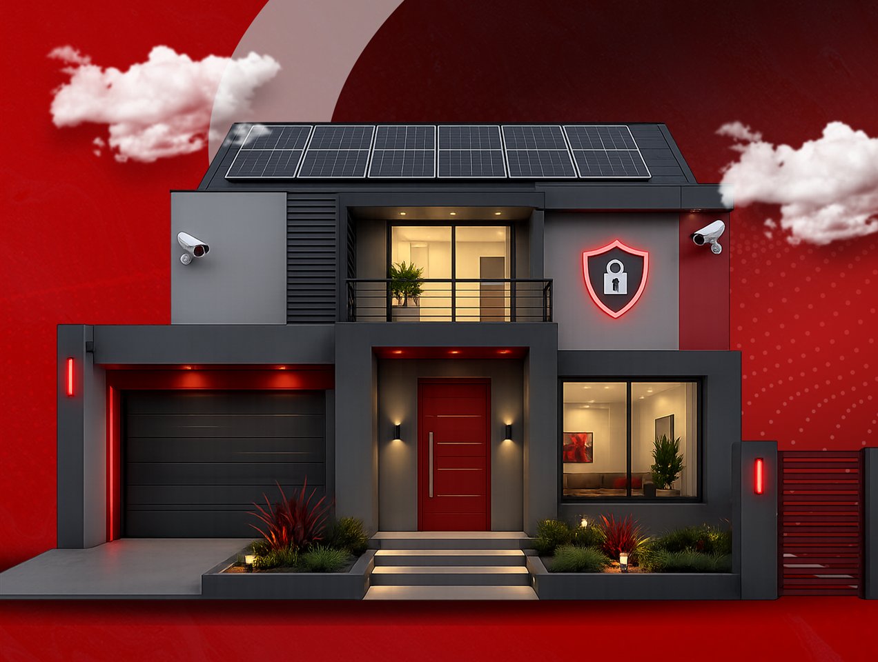 Casa moderna con paneles solares en el techo, cámaras y control inteligente